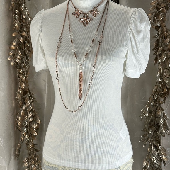 Floerns White Puff Sleeve Mock Neck Ribbed Top - Medium Layering Essential Basic - Picture 13 of 13